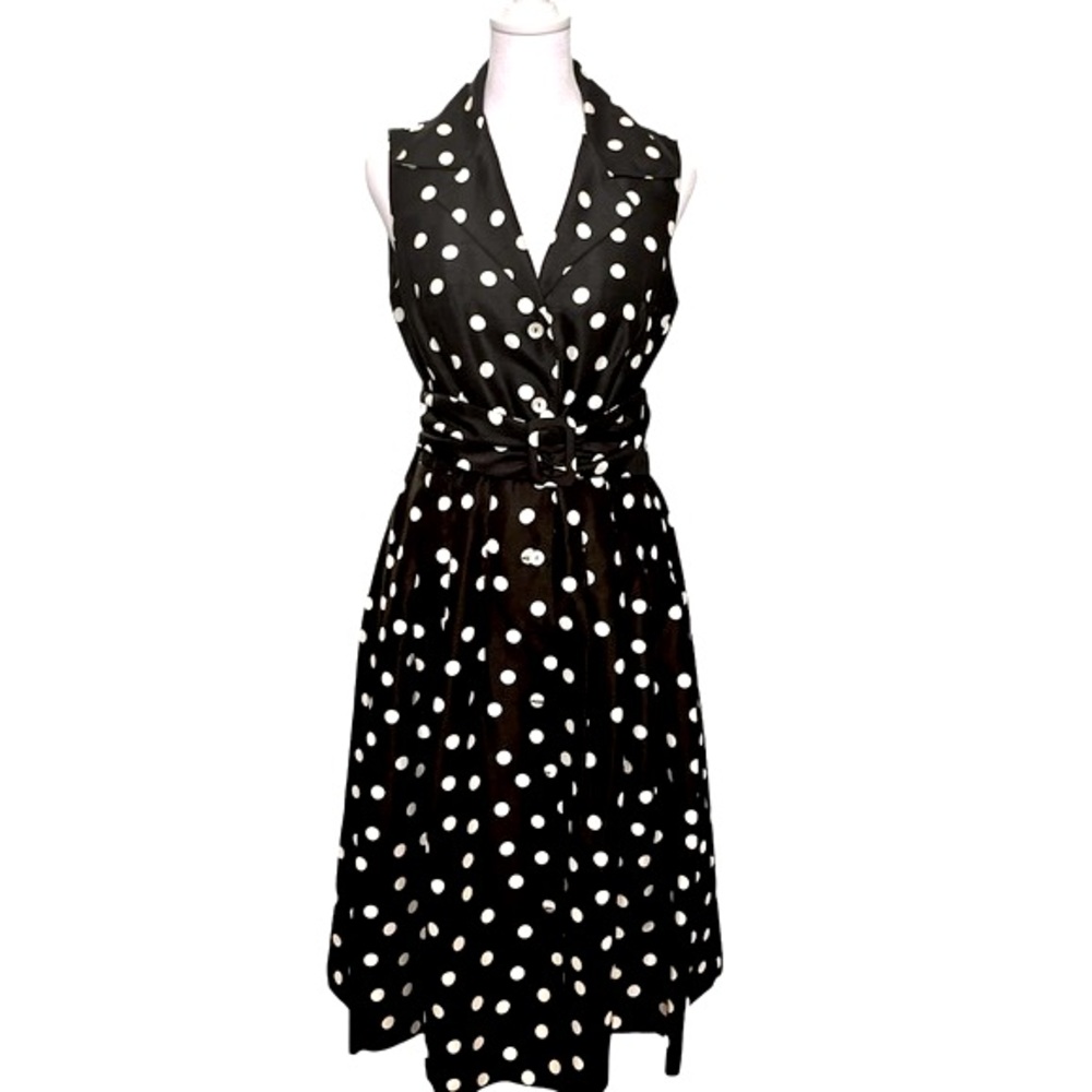Jessica Howard Black and White Polka Dot Sleeveless Wrap Dress